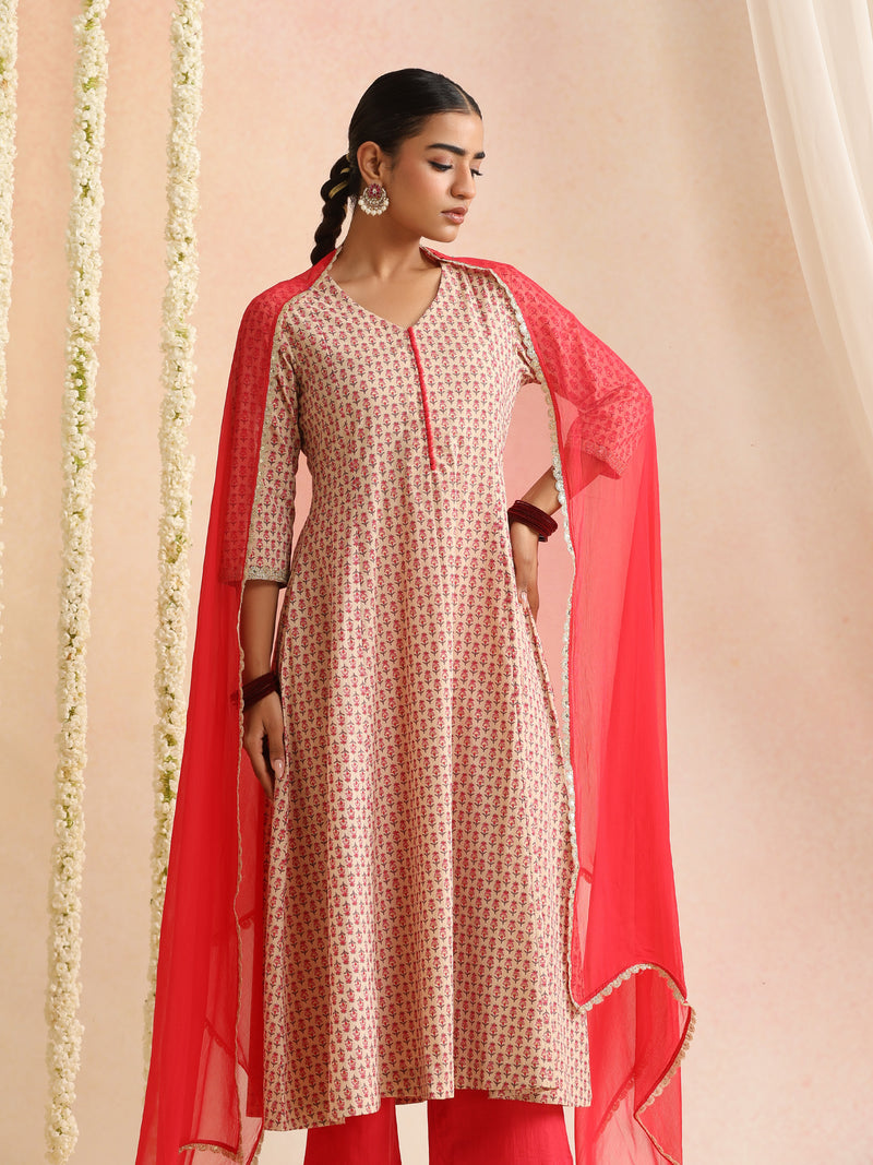 Women Ethnic Motifs Printed Pure Cotton Kurta & Trouser With Dupatta