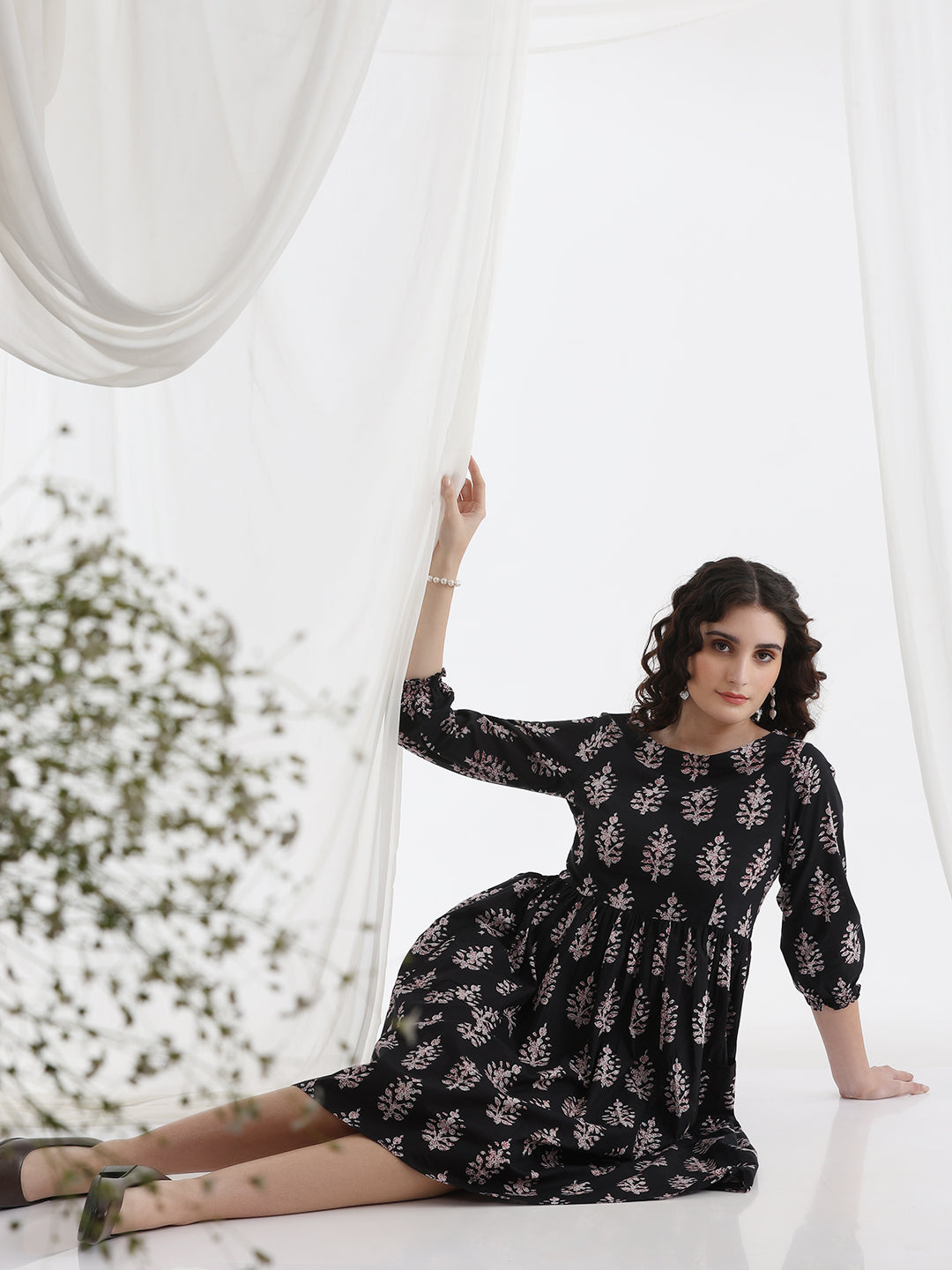 Women Floral Print Fit & Flare Mini Dress