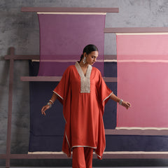 Khushal K Women Motifs V-Neck Rust Kaftan set