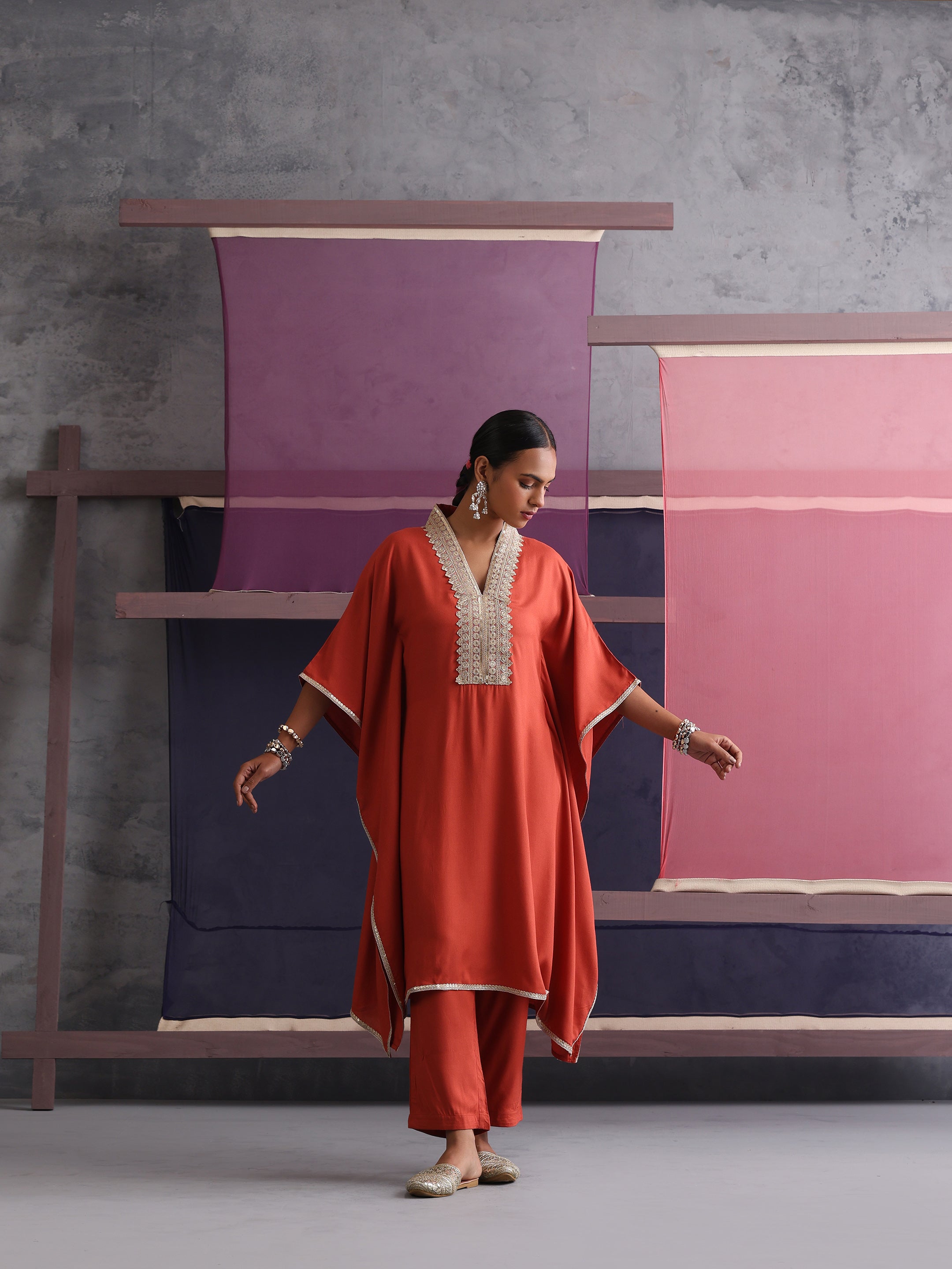 Khushal K Women Motifs V-Neck Rust Kaftan set