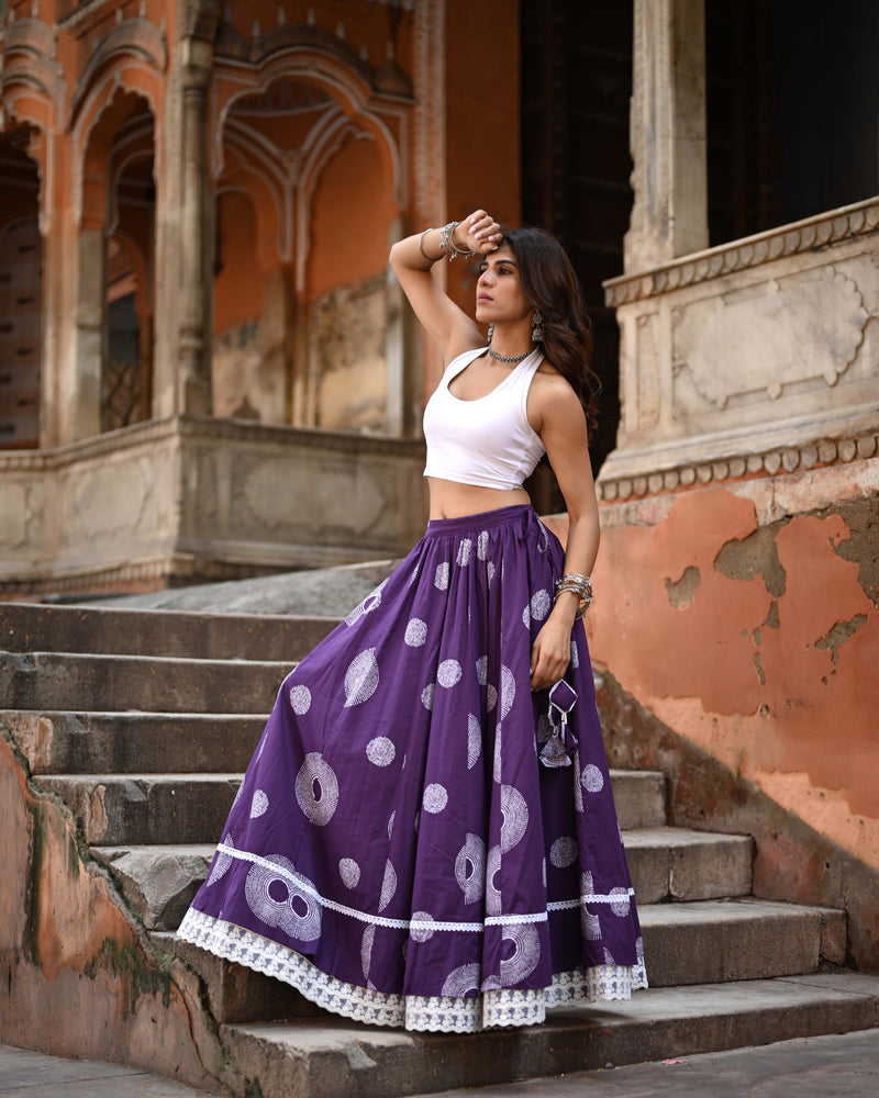 Khushal K Women's Purple Printed Cotton Flared Maxi Skirt