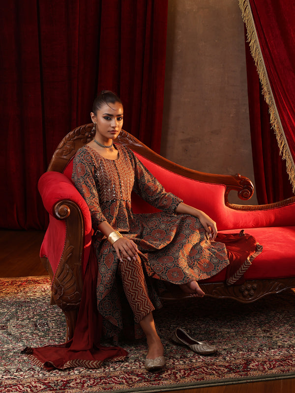 Khushal K Women Cotton kurta and palazzo with dupatta set - Rust