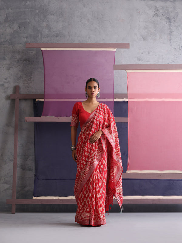 Women Hand Block Cotton Linen Printed saree