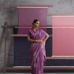 Women Hand Block Purple Cotton Linen Printed Saree