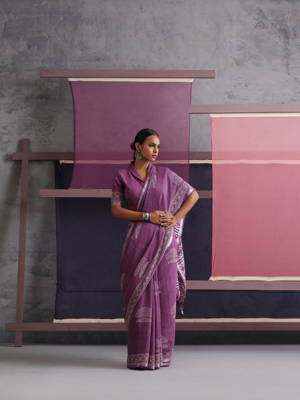 Women Hand Block Purple Cotton Linen Printed Saree