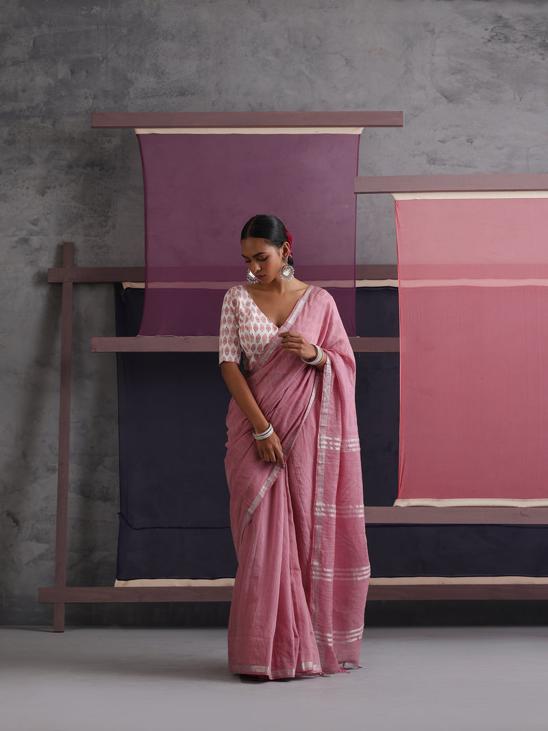 Women Cotton Pink Linen Printed Saree