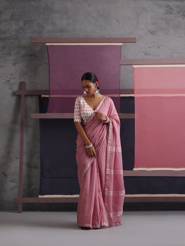Women Cotton Pink Linen Printed Saree