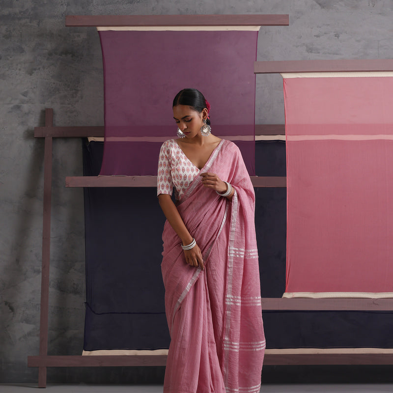 Women Cotton Pink Linen Printed Saree - Khushal K - Image 3