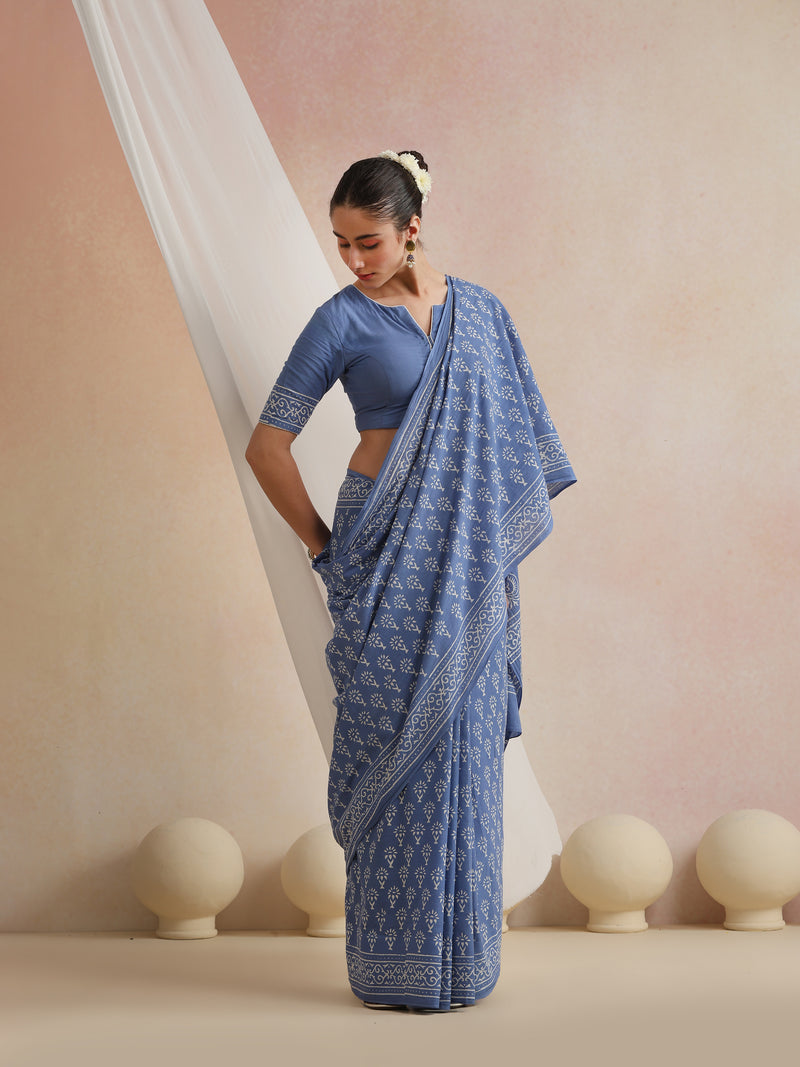 Women Hand Block Blue Pure Cotton Printed Saree