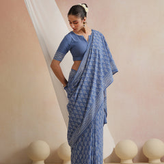 Women Hand Block Blue Pure Cotton Printed Saree