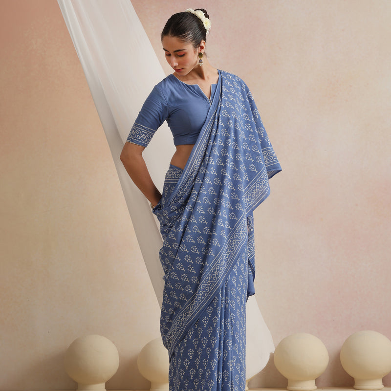 Women Hand Block Blue Pure Cotton Printed Saree - Khushal K - Image 1