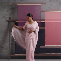 Women Cotton Pink Linen Printed Saree