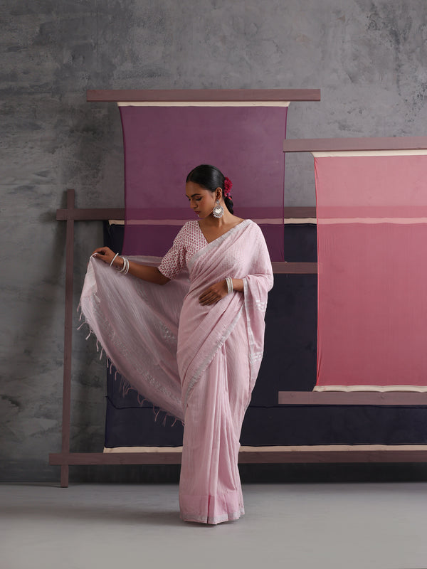 Women Cotton Pink Linen Printed Saree