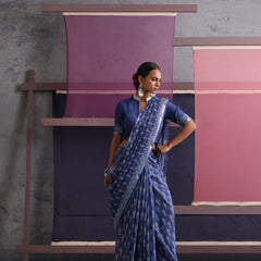 Women Hand Block Blue Cotton Linen Printed Saree