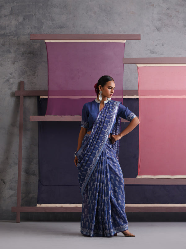 Women Hand Block Blue Cotton Linen Printed Saree