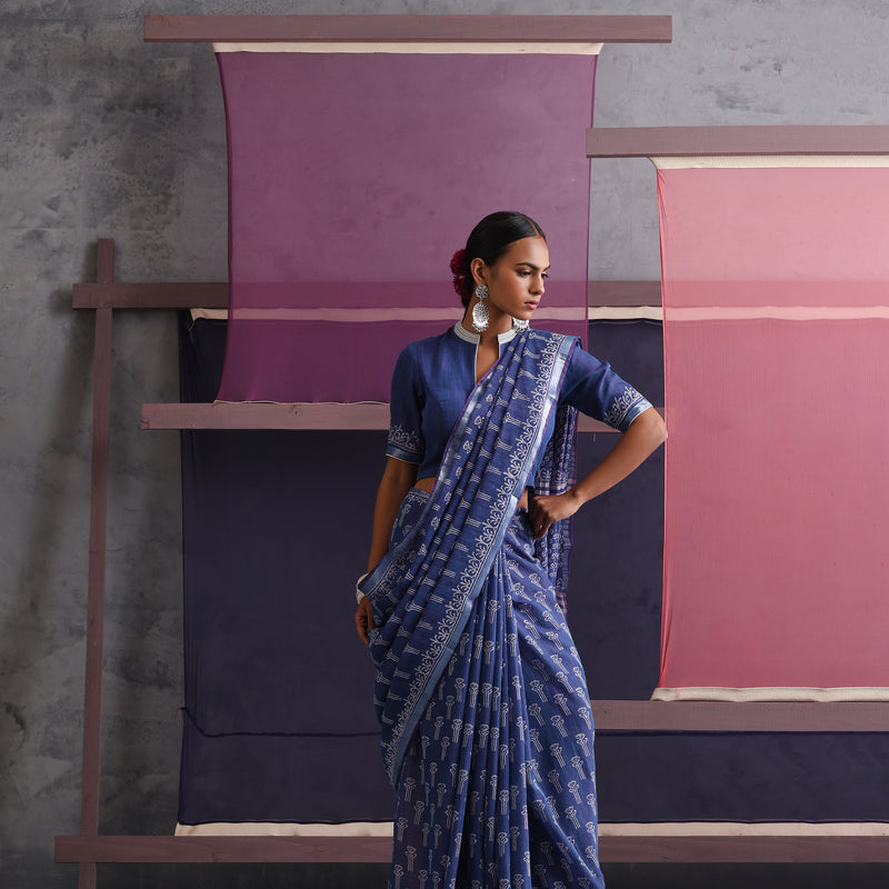 Women Hand Block Blue Cotton Linen Printed Saree - Khushal K - Image 1