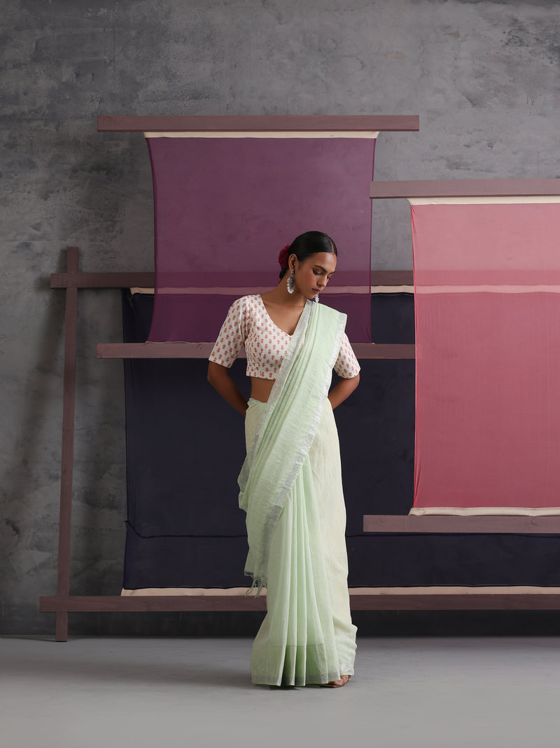 Women Cotton Green Linen Printed Saree