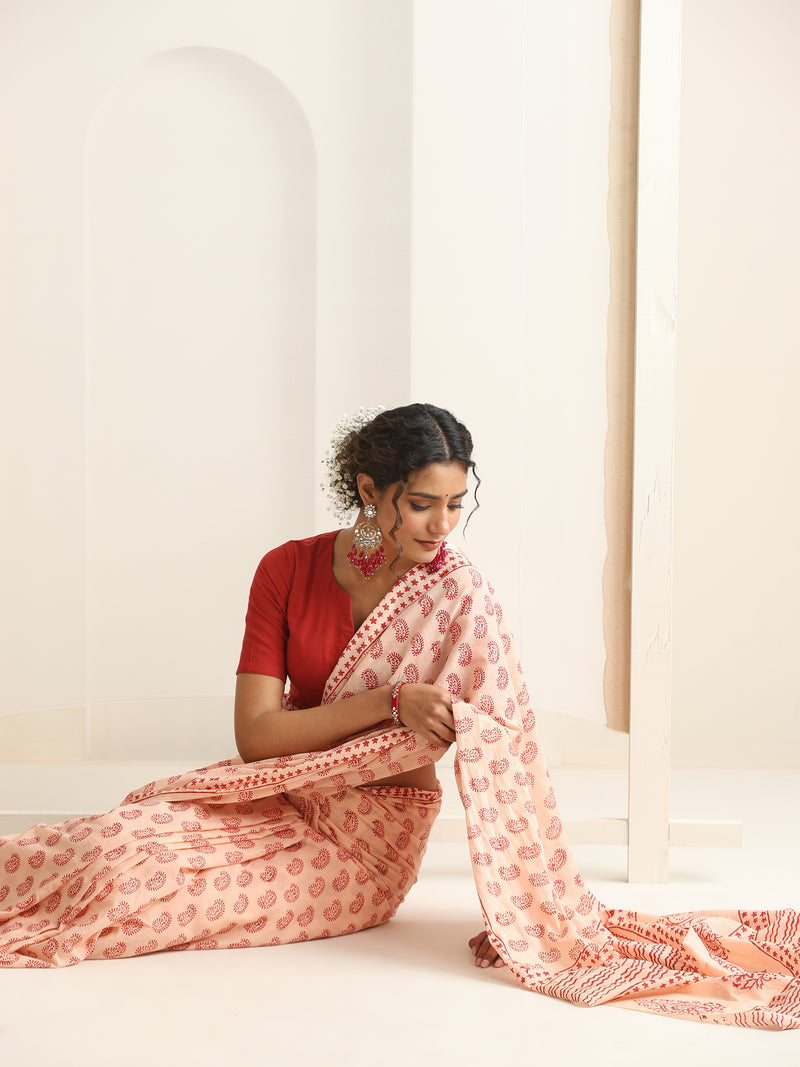 Women Hand Block Peach Pure Cotton Printed Saree