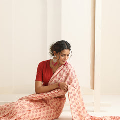 Women Hand Block Peach Pure Cotton Printed Saree