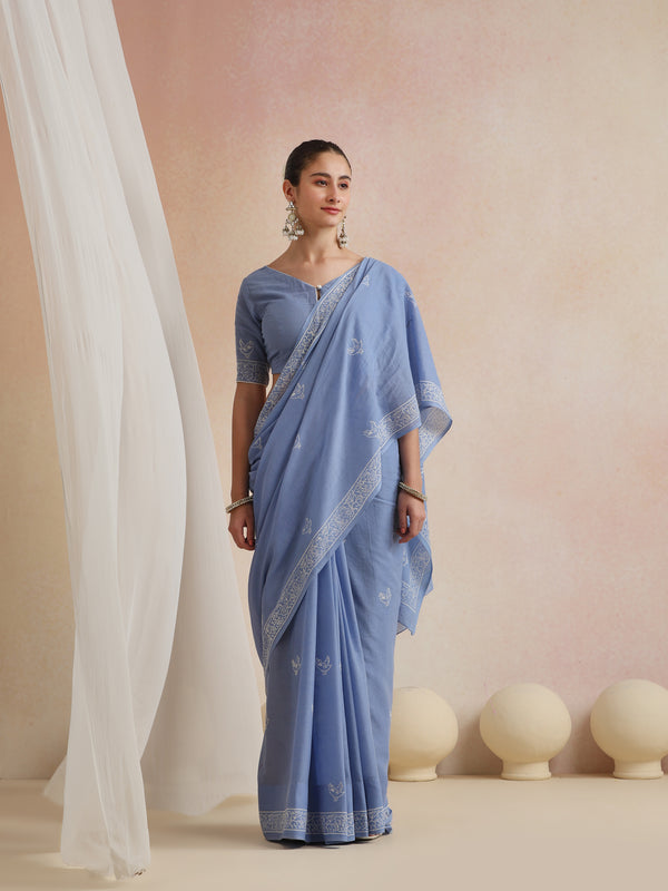 Women Hand Block Blue Pure Cotton Printed Saree