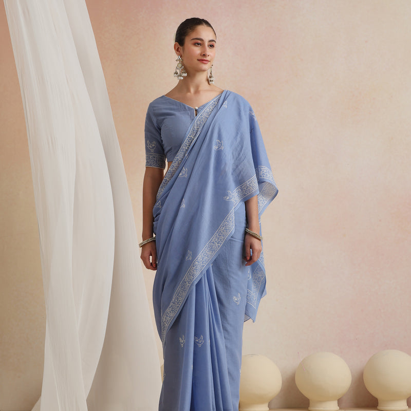 Women Hand Block Blue Pure Cotton Printed Saree - Khushal K - Image 1