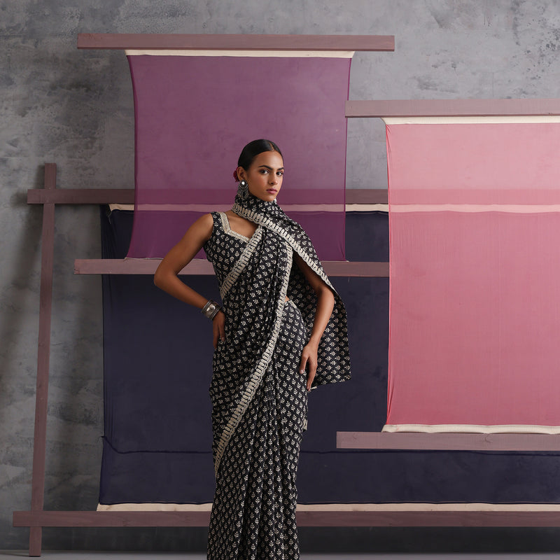 Women Embroidered Black Pure Cotton Printed Saree - Khushal K - Image 1