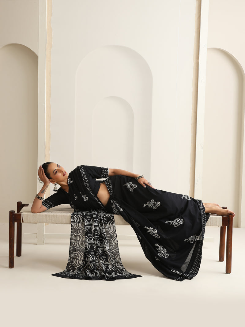 Women Hand Block Black Pure Cotton Printed Saree