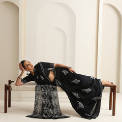 Women Hand Block Black Pure Cotton Printed Saree
