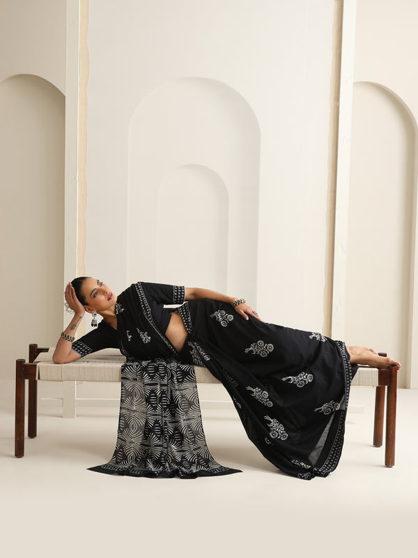 Women Hand Block Black Pure Cotton Printed Saree