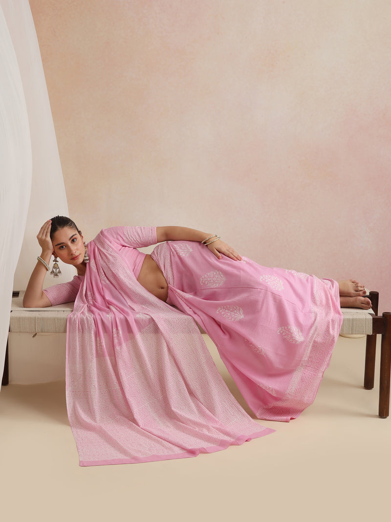 Women Hand Block Pink Pure Cotton Printed Saree