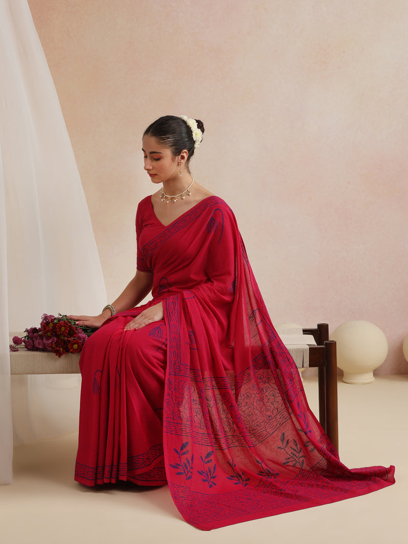 Women Hand Block Pink Pure Cotton Printed Saree