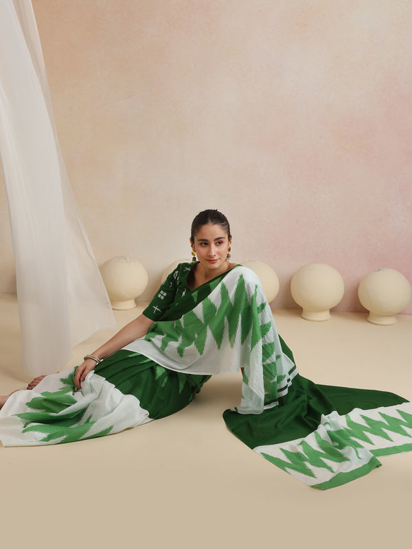Women Hand Block Green Pure Cotton Printed Saree