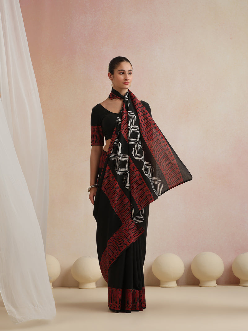 Women Hand Block Black Pure Cotton Printed Saree