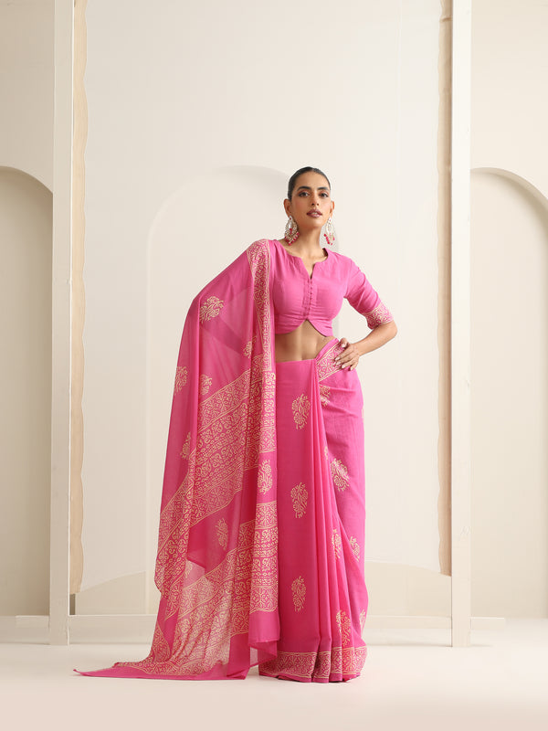 Women Hand Block Pink Pure Cotton Printed Saree