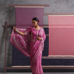 Women Hand Block Pink Cotton Linen Printed Saree