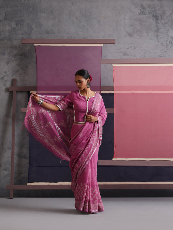 Women Hand Block Pink Cotton Linen Printed Saree