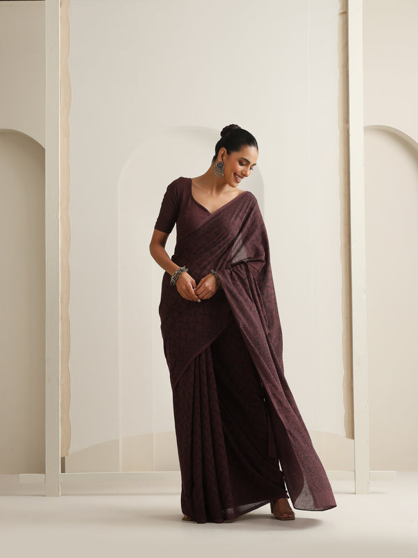 Women Hand Block Brown Pure Cotton Printed Saree