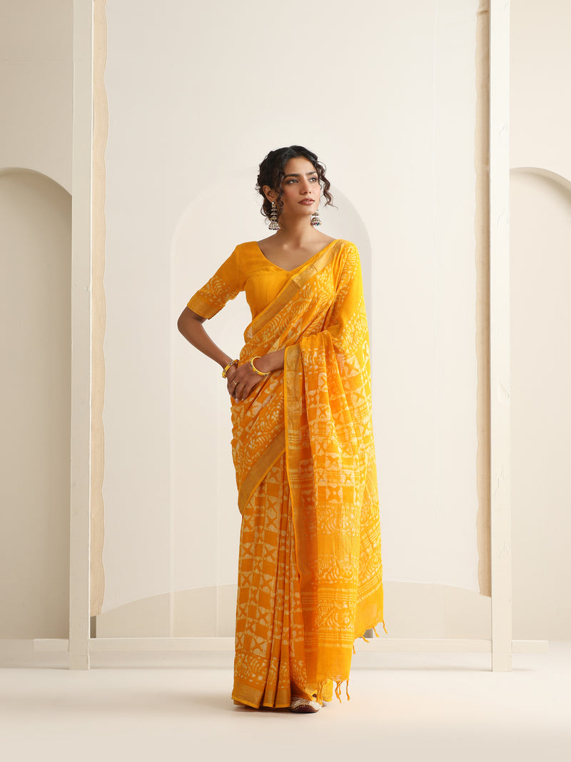Women Hand Block Yellow Cotton Linen Printed Saree