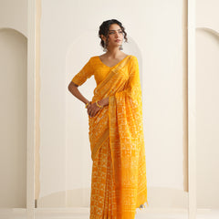 Women Hand Block Yellow Cotton Linen Printed Saree