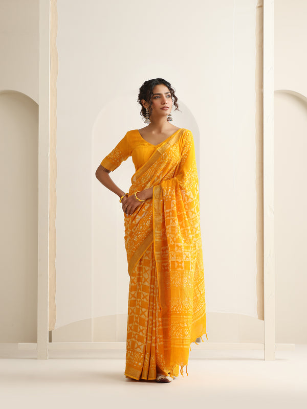 Women Hand Block Yellow Cotton Linen Printed Saree
