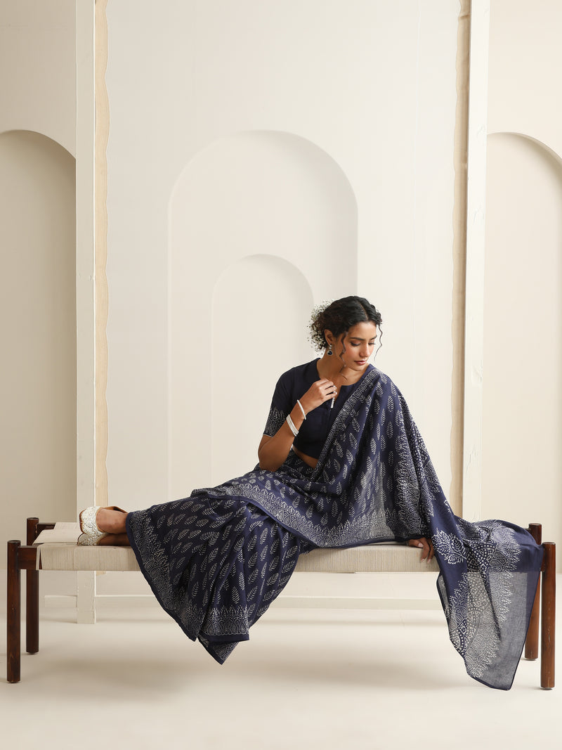 Women Hand Block Blue Pure Cotton Printed Saree
