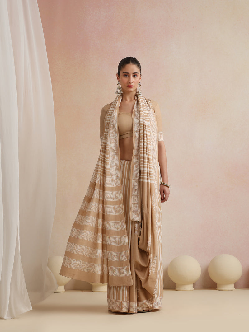 Women Hand Block Brown Pure Cotton Printed Saree