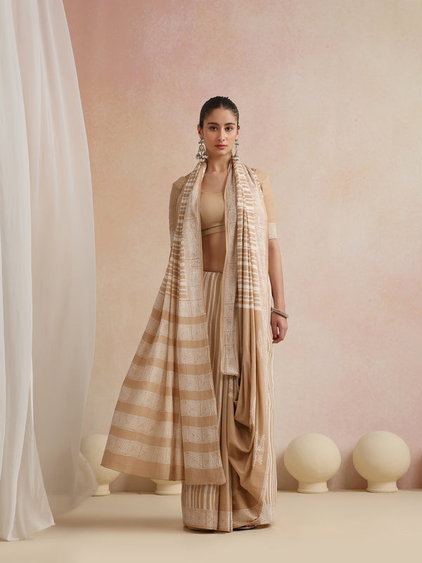 Women Hand Block Brown Pure Cotton Printed Saree