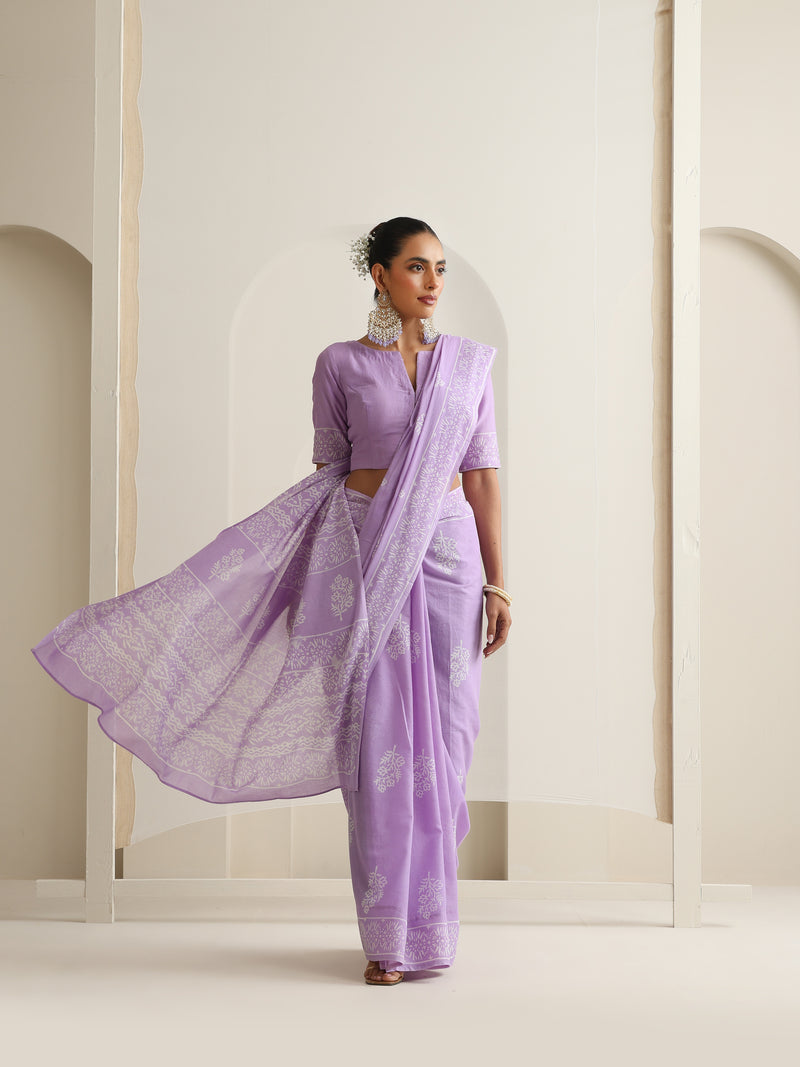 Women Hand Block Purple Pure Cotton Printed Saree