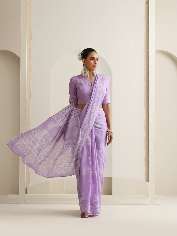 Women Hand Block Purple Pure Cotton Printed Saree