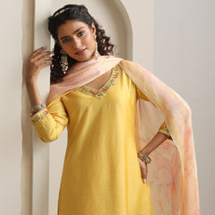 Khushal K Women Pure Silk yellow Embroidered Kurta & Palazzo With Dupatta