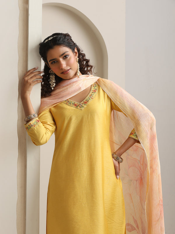 Khushal K Women Pure Silk yellow Embroidered Kurta & Palazzo With Dupatta