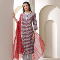 Floral Printed Notch-Neck Pure Cotton Kurta With Trousers And Dupatta