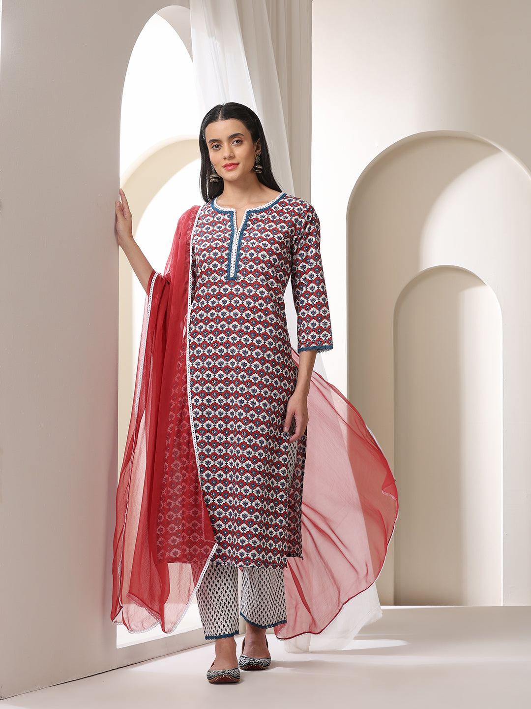 Floral Printed Notch-Neck Pure Cotton Kurta With Trousers And Dupatta