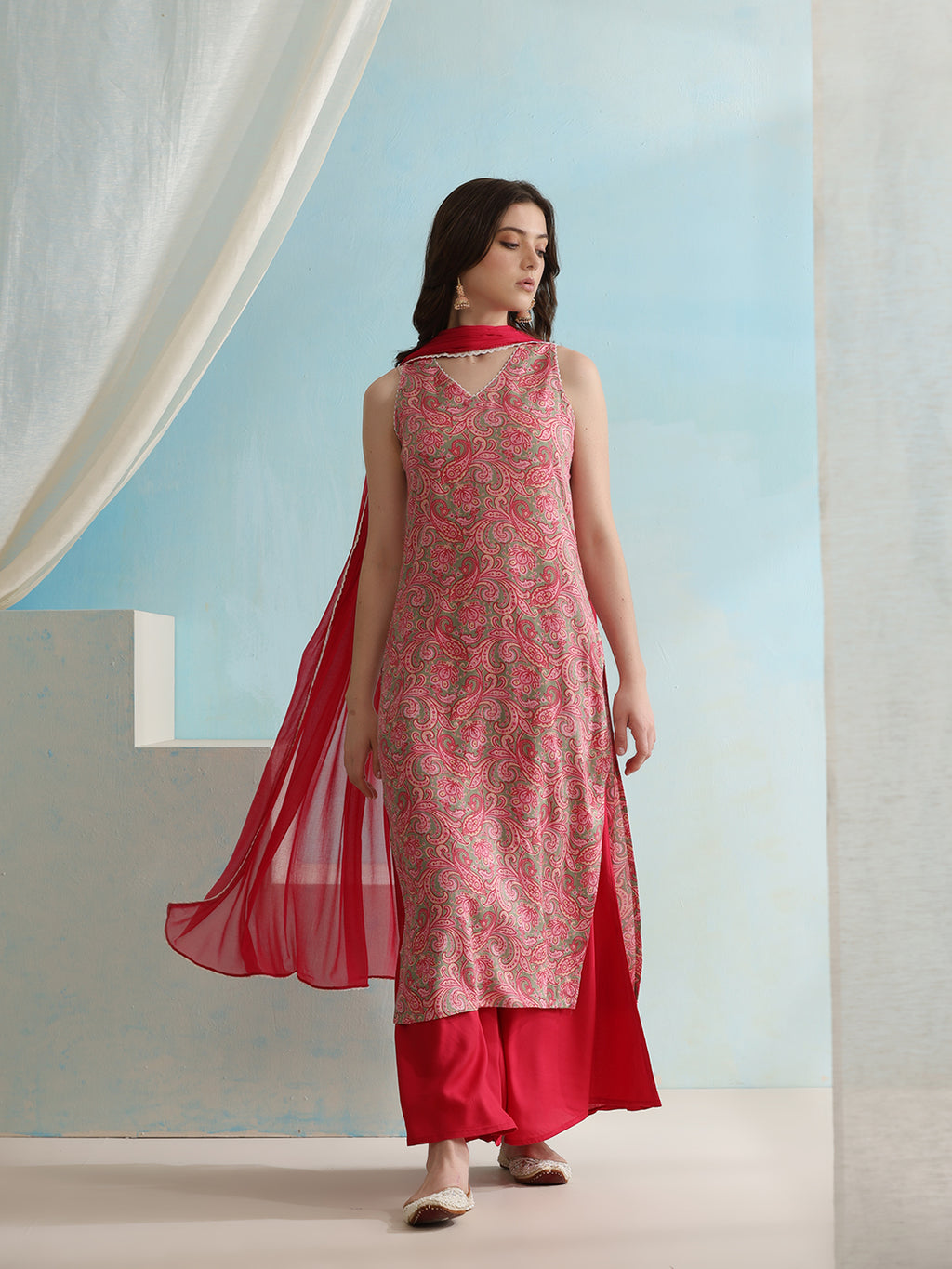 Paisley Printed V-Neck Sleeveless Kurta with Palazzos & With Dupatta